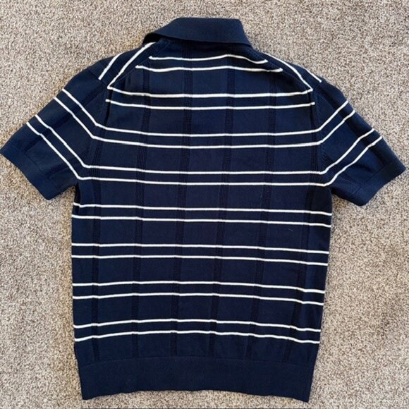 BEN SHERMAN Navy Blue and White Striped Short Sleeve Polo Sweater Small - Picture 3 of 11